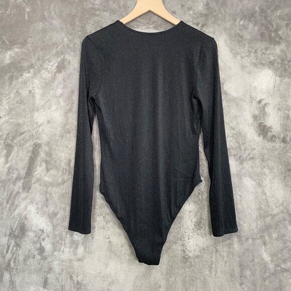 ASTR The Label Womens Long Sleeve Bodysuit Size M Black Sparkly Deep Vneck Sexy - Picture 5 of 8
